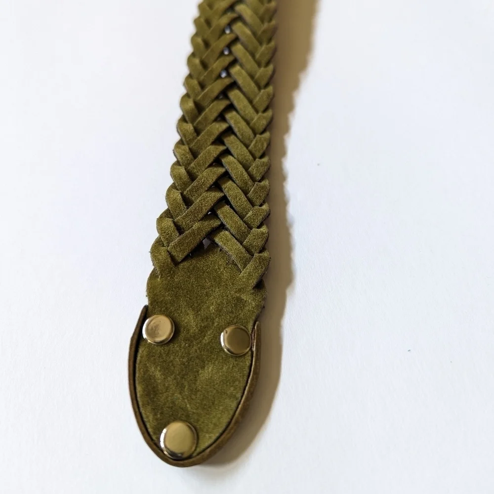 Braided Faux Leather & Suede Adjustable Unisex Belt Brown Olive Brass sz S 31 ½